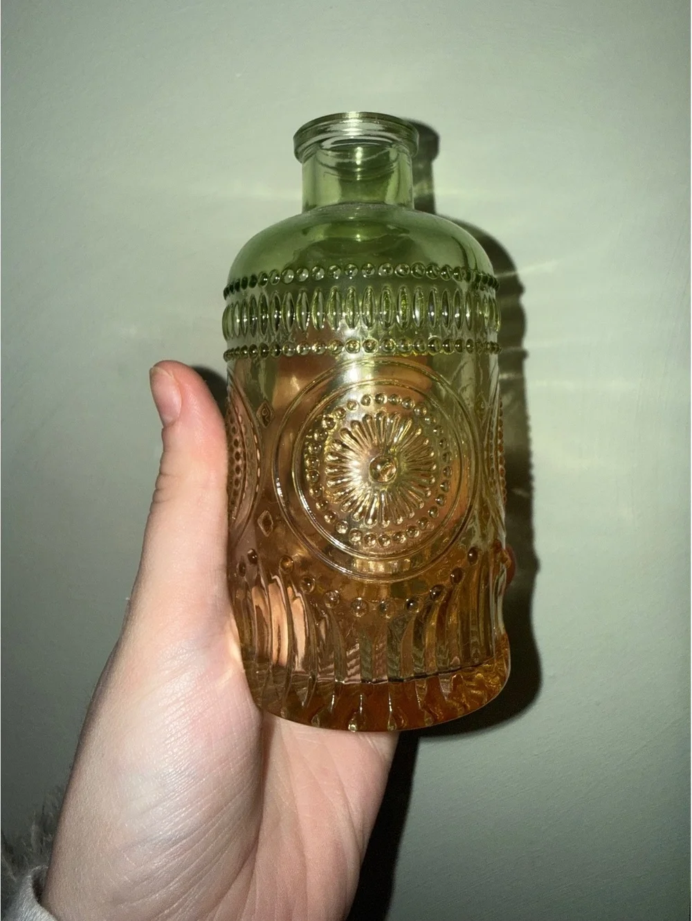 Green glass miniature vase 2.5 X5 inches tall floral decor